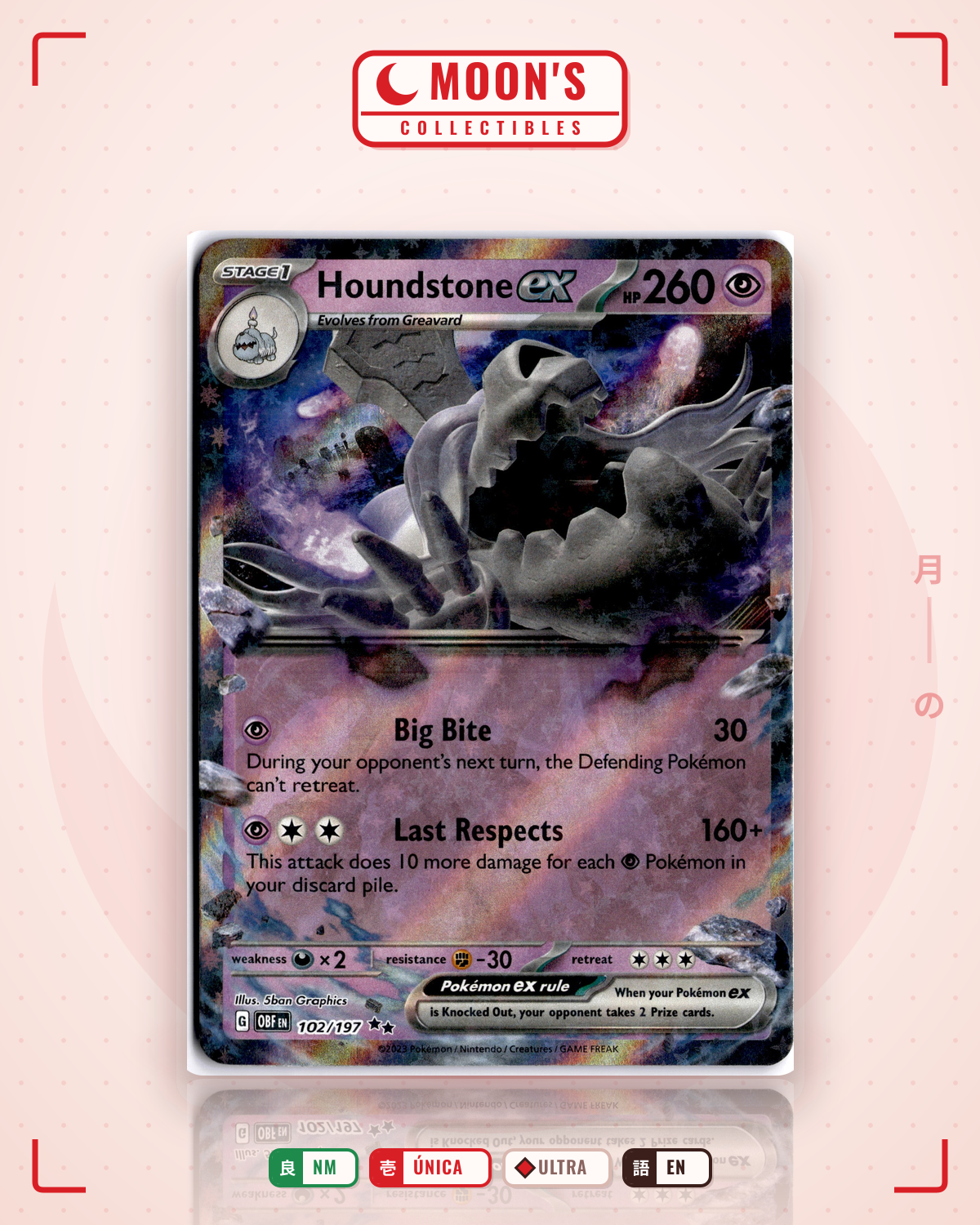 Carta Pokémon Houndstone ex · Obsidian Flames #102/197 (NM) — pieza única en Moon's Collectibles México