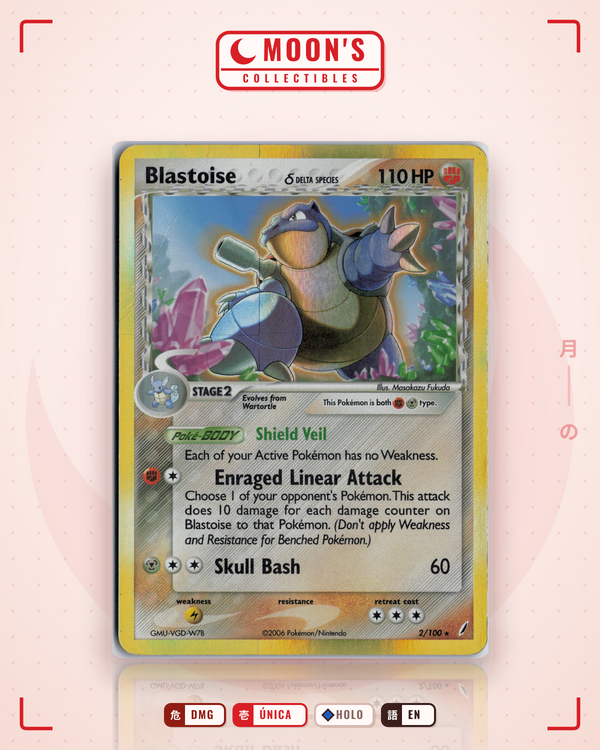 Carta Pokémon Blastoise δ · Crystal Guardians #2/100 (DMG) — pieza única en Moon's Collectibles México