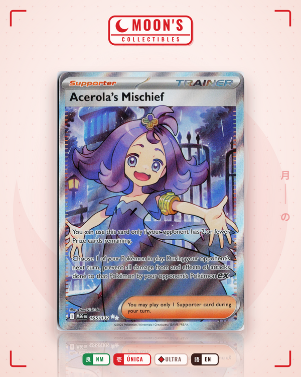 Carta Pokémon Acerola's Mischief · Mega Evolution #165/132 (NM) — pieza única en Moon's Collectibles México