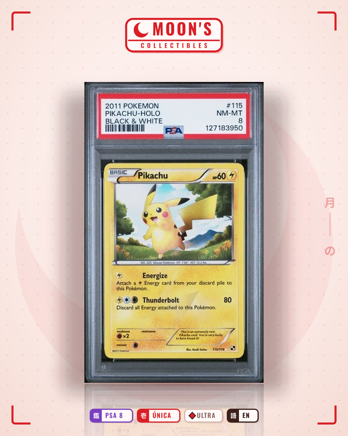 Carta Pokémon Pikachu · Black & White #115/114 (PSA 8) — pieza única en Moon's Collectibles México