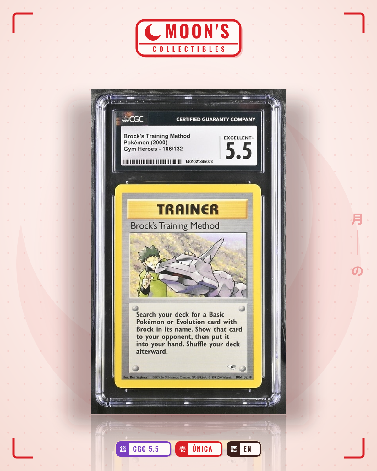 Carta Pokémon Brock's Training Method · Gym Heroes #106/132 (CGC 5.5) — pieza única en Moon's Collectibles México