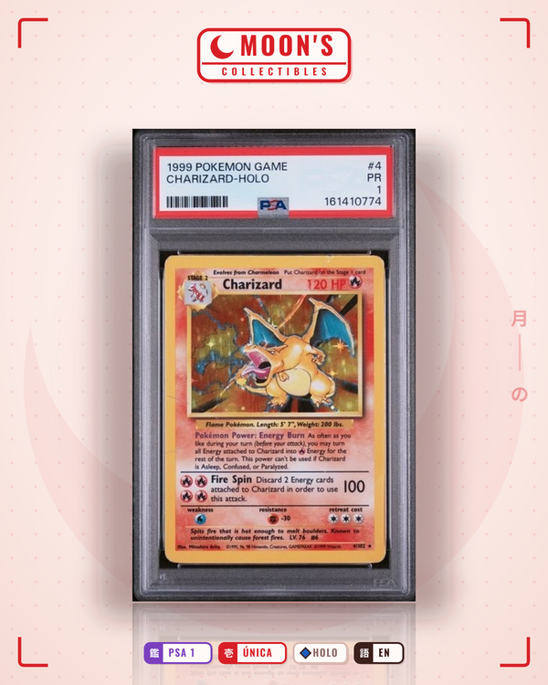 Carta Pokémon Charizard · Base #4/102 (PSA 1) — pieza única en Moon's Collectibles México