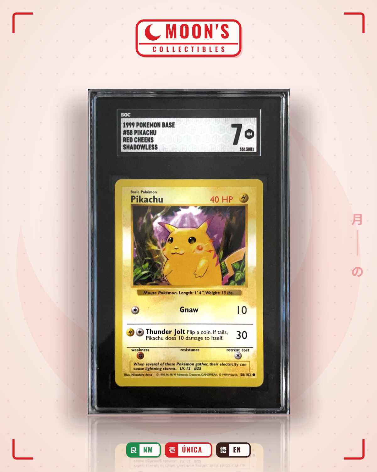 Carta Pokémon Pikachu · Base #58/102 (NM) — pieza única en Moon's Collectibles México