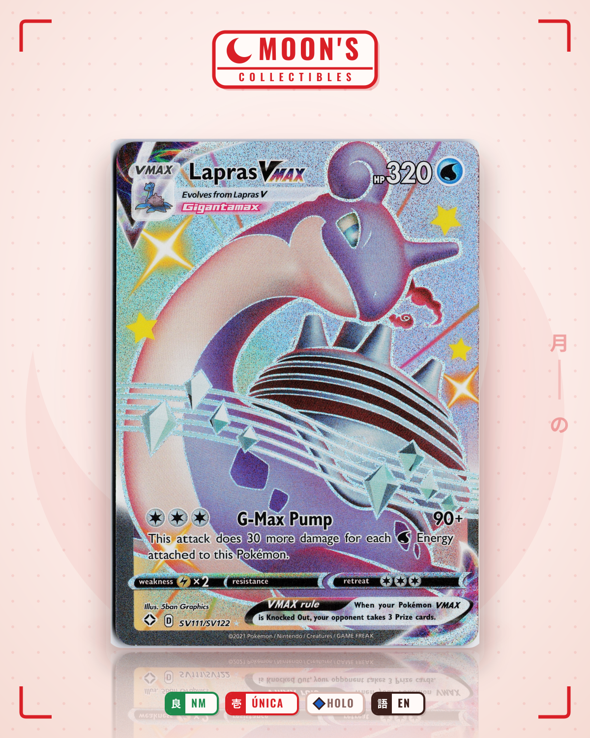 Carta Pokémon Lapras VMAX · Shining Fates Shiny Vault #SV111/SV122 (NM) — pieza única en Moon's Collectibles México