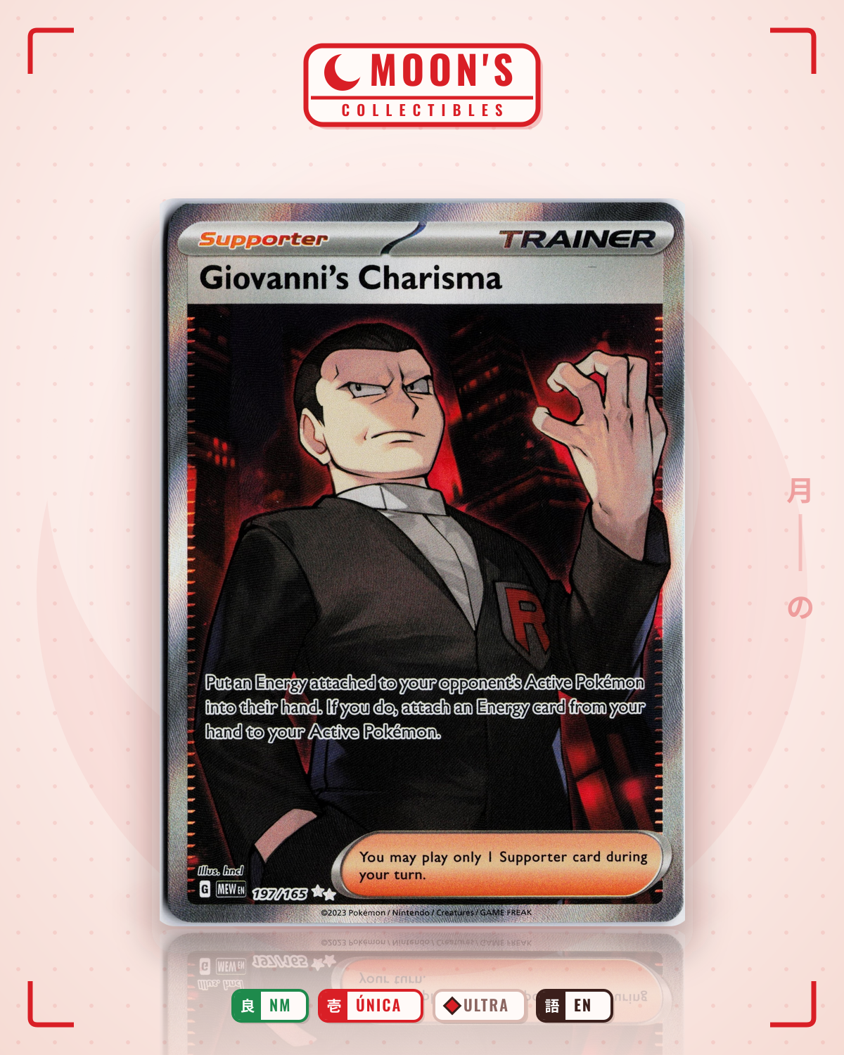 Carta Pokémon Giovanni's Charisma · 151 #197/165 (NM) — pieza única en Moon's Collectibles México