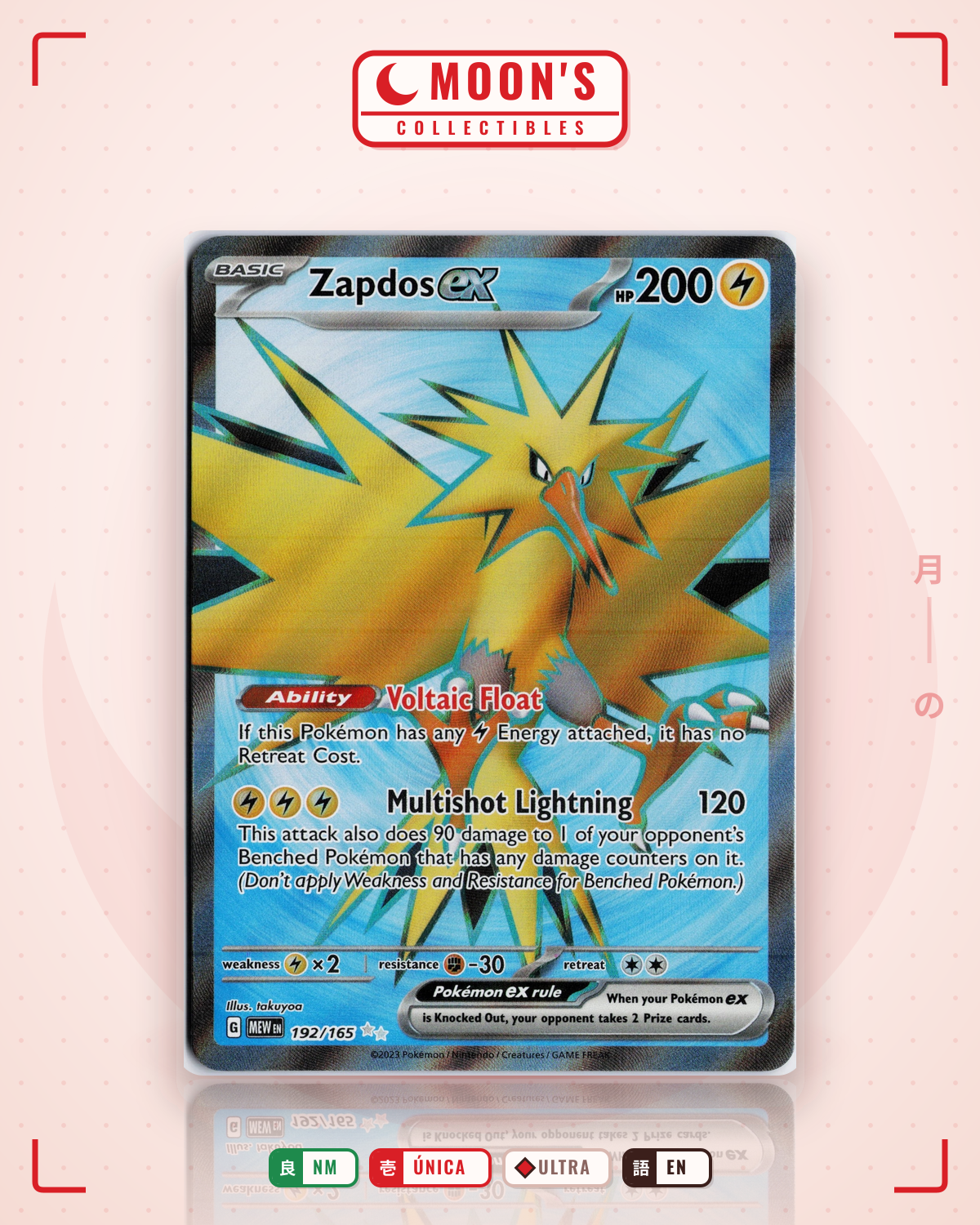 Carta Pokémon Zapdos ex · 151 #192/165 (NM) — pieza única en Moon's Collectibles México
