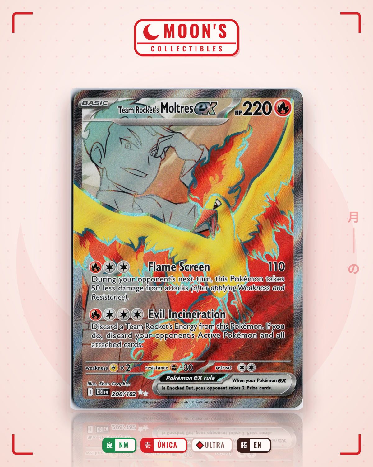 Carta Pokémon Team Rocket's Moltres ex · Destined Rivals #208/182 (NM) — pieza única en Moon's Collectibles México