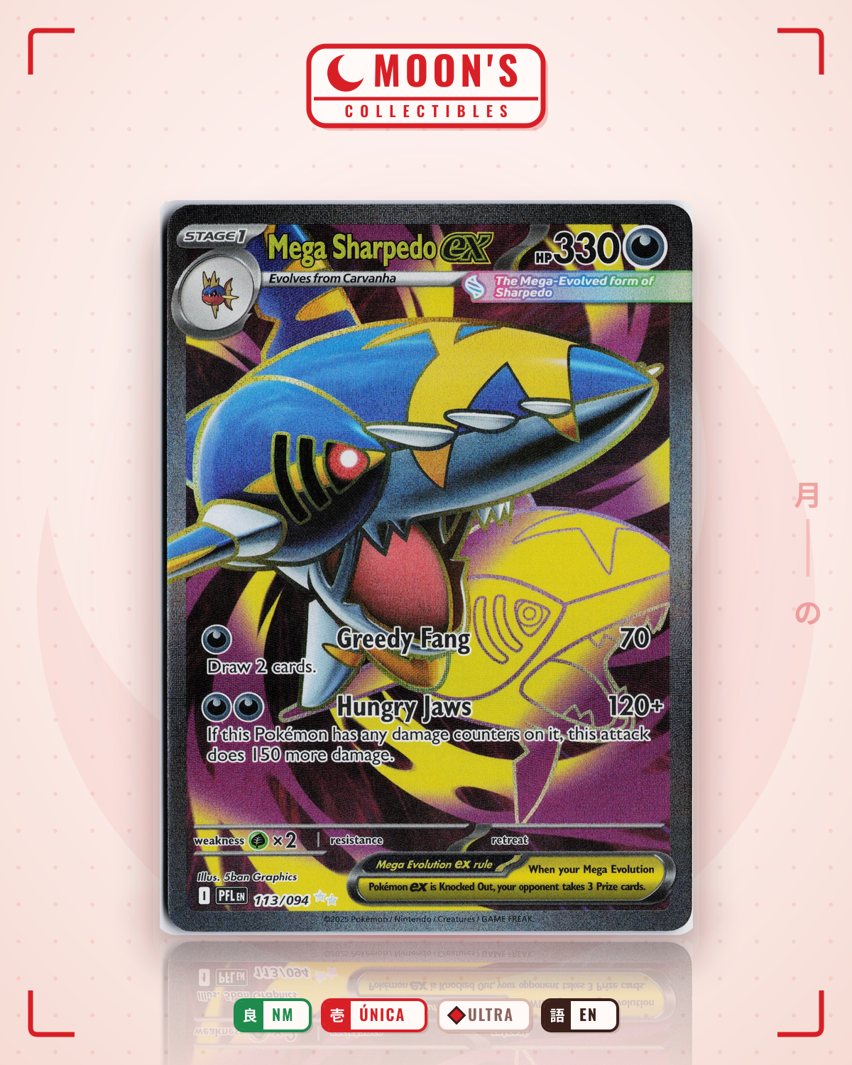 Carta Pokémon Mega Sharpedo ex · Phantasmal Flames #113/094 (NM) — pieza única en Moon's Collectibles México