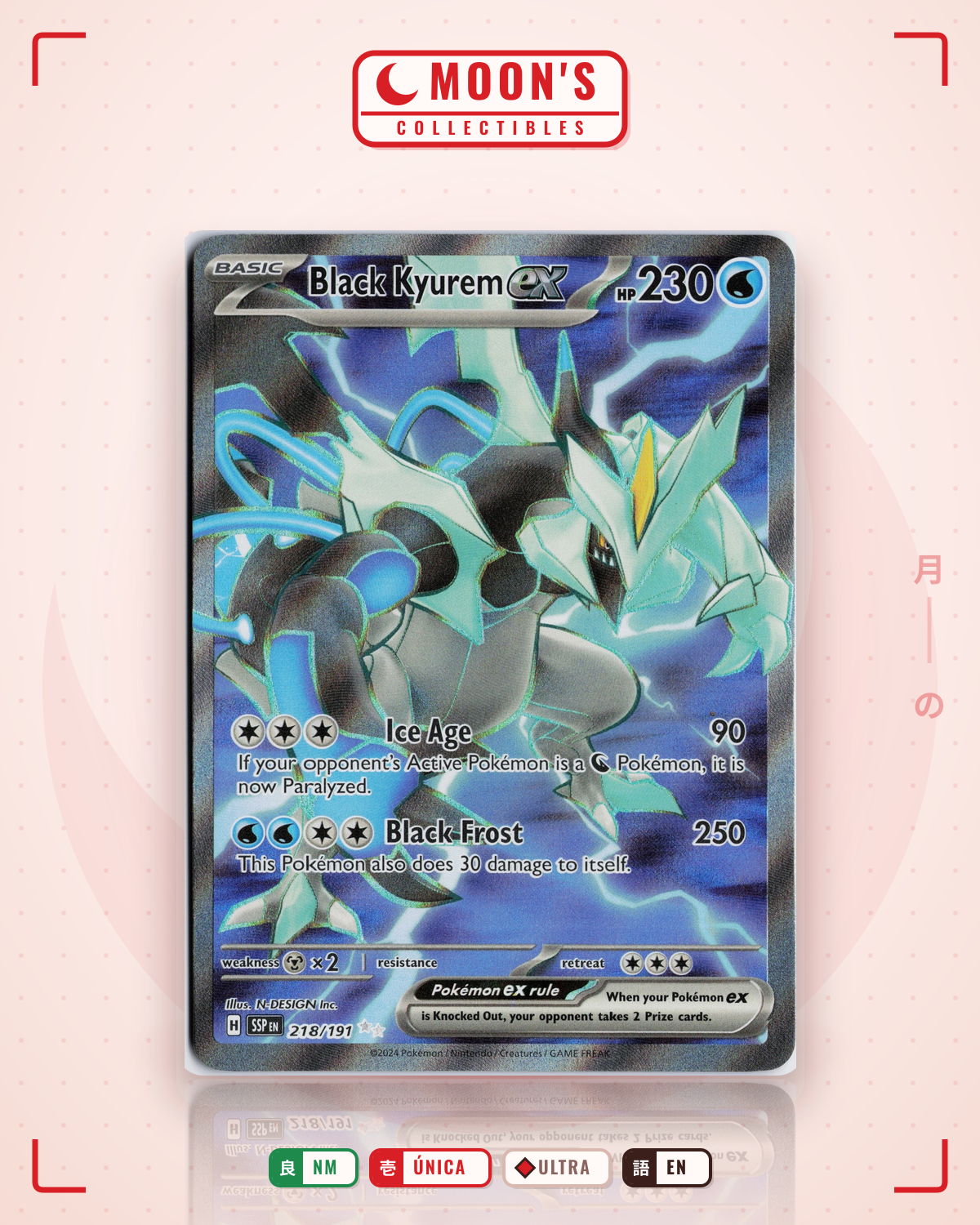 Carta Pokémon Black Kyurem ex · Surging Sparks #218/191 (NM) — pieza única en Moon's Collectibles México