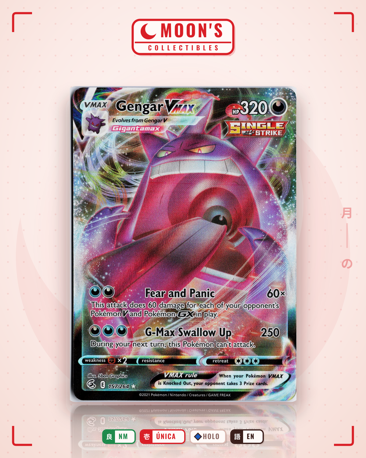 Carta Pokémon Gengar VMAX · Fusion Strike #157/264 (NM) — pieza única en Moon's Collectibles México
