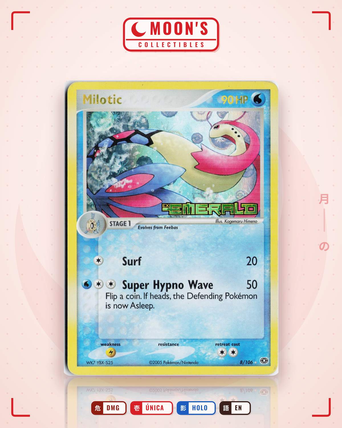 Carta Pokémon Milotic · Emerald #8/106 (DMG) — pieza única en Moon's Collectibles México
