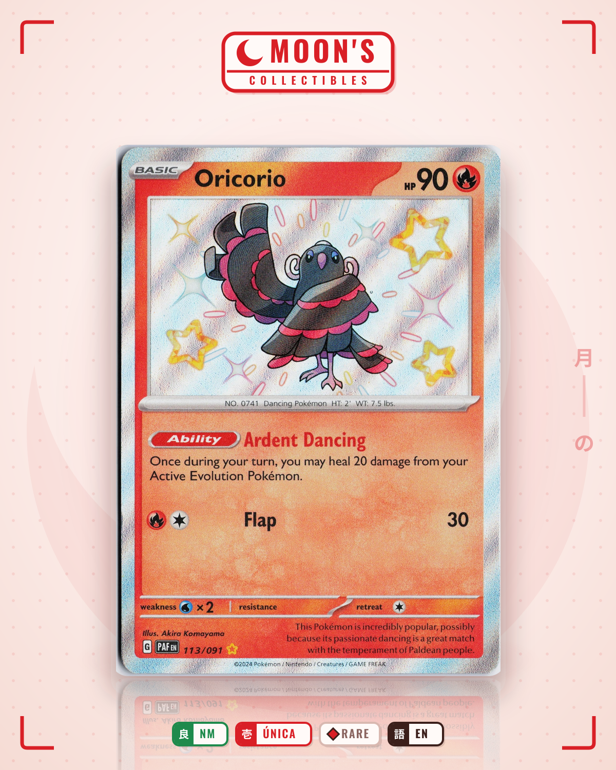 Carta Pokémon Oricorio · Paldean Fates #113/091 (NM) — pieza única en Moon's Collectibles México
