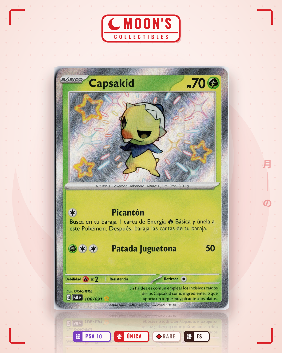 Carta Pokémon Capsakid · Paldean Fates #106/091 (PSA 10) — pieza única en Moon's Collectibles México