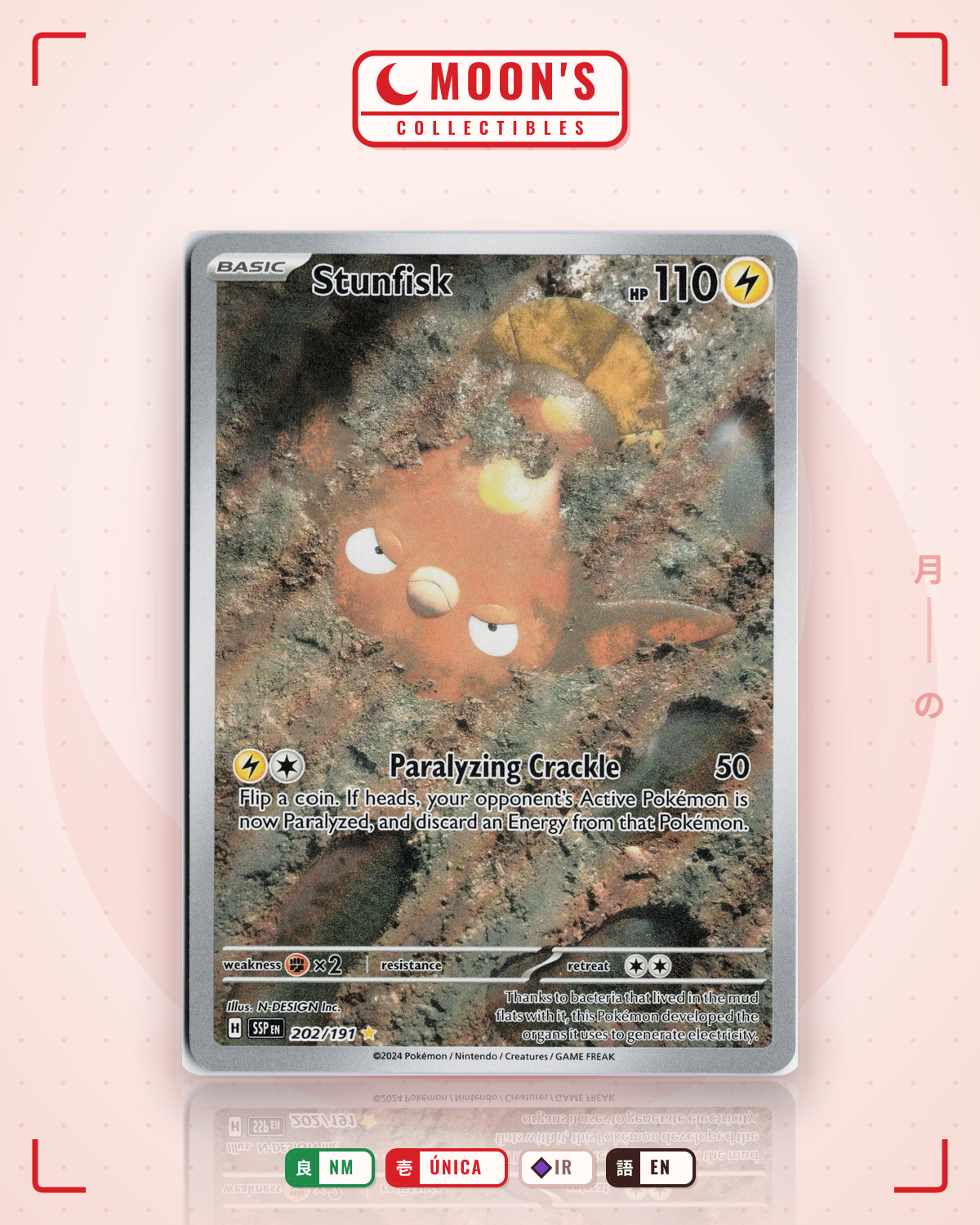 Carta Pokémon Stunfisk · Surging Sparks #202/191 (NM) — pieza única en Moon's Collectibles México