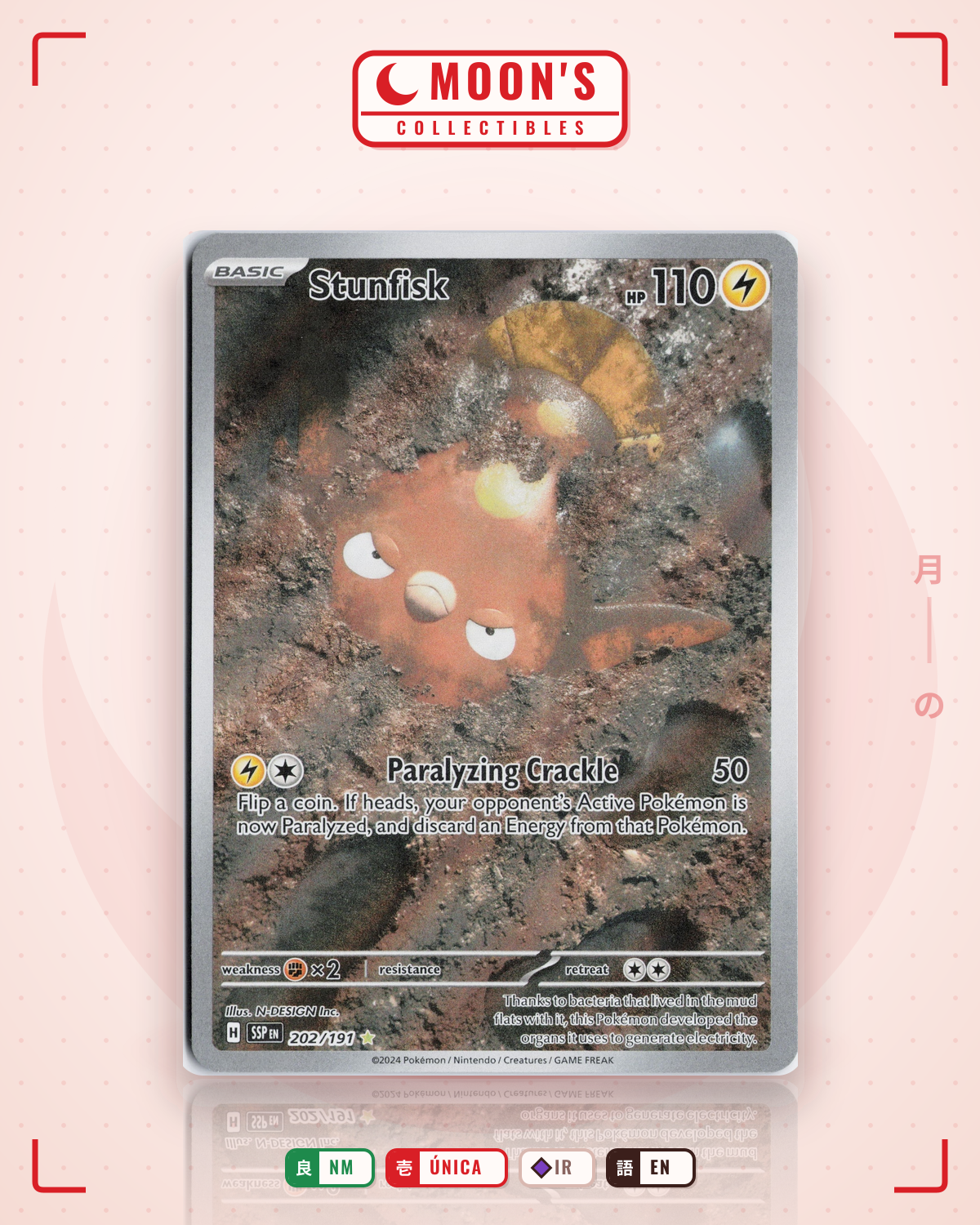 Carta Pokémon Stunfisk · Surging Sparks #202/191 (NM) — pieza única en Moon's Collectibles México