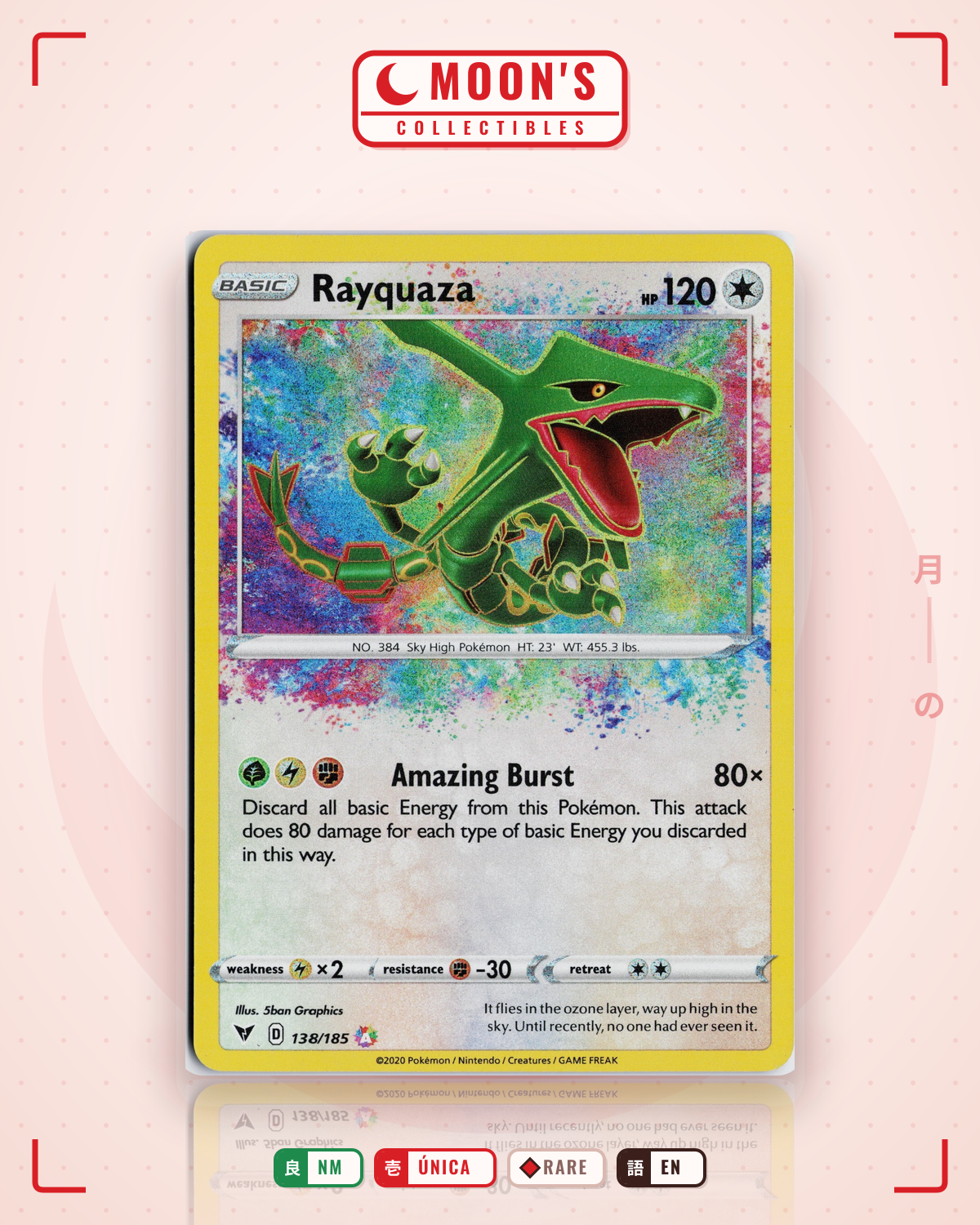 Carta Pokémon Rayquaza · Vivid Voltage #138/185 (NM) — pieza única en Moon's Collectibles México