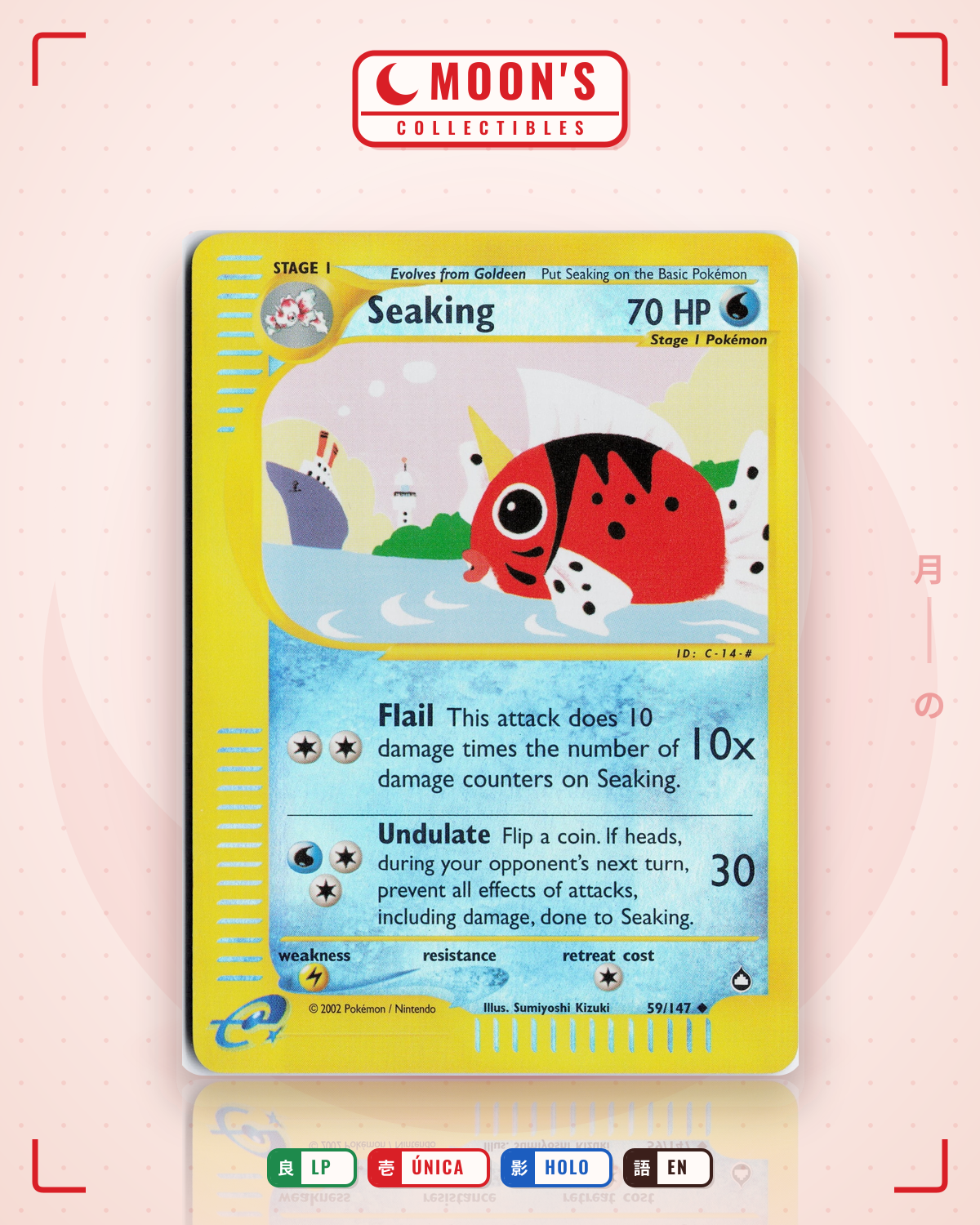 Carta Pokémon Seaking · Aquapolis #59/147 (LP) — pieza única en Moon's Collectibles México