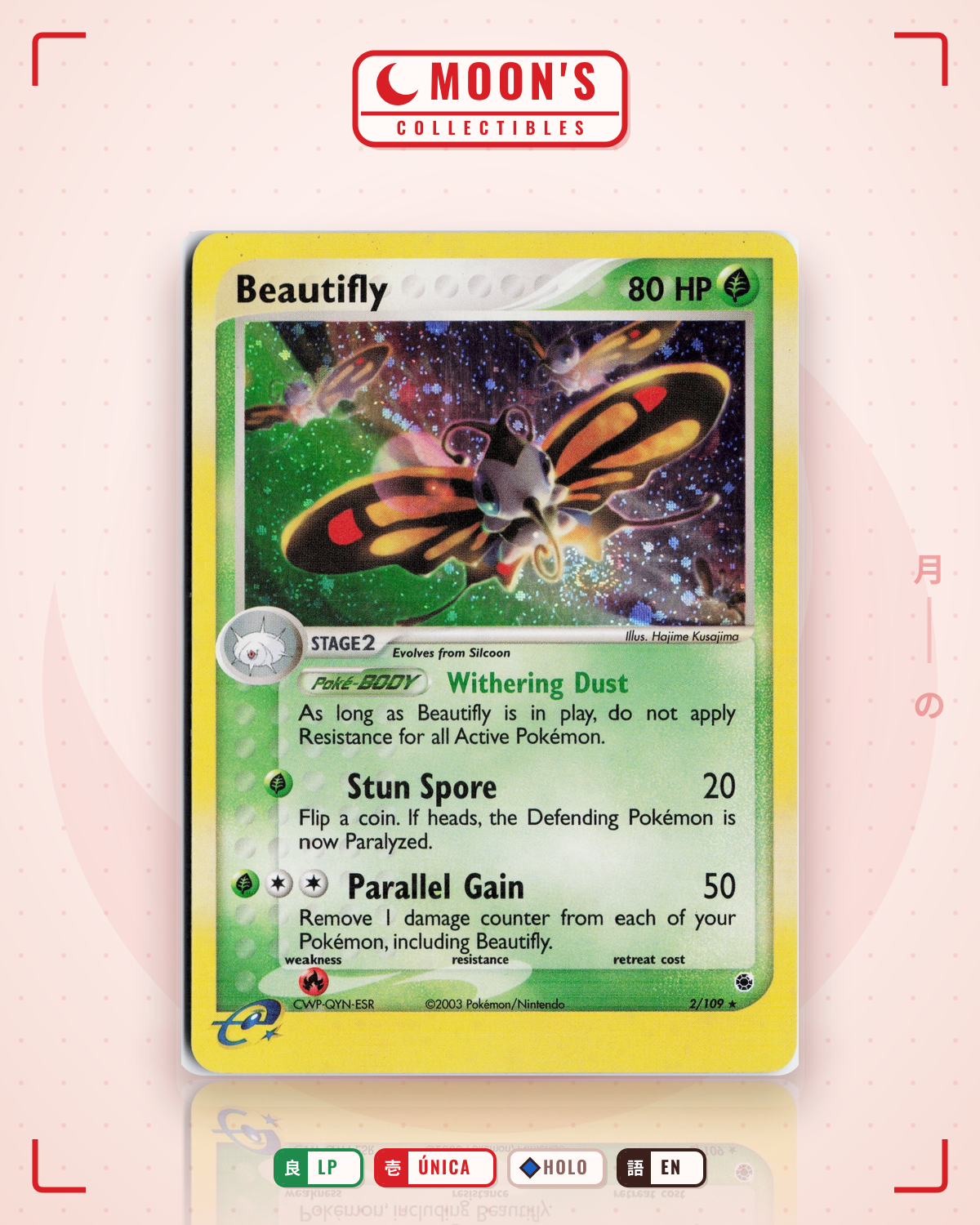 Carta Pokémon Beautifly · Ruby & Sapphire #2/109 (LP) — pieza única en Moon's Collectibles México