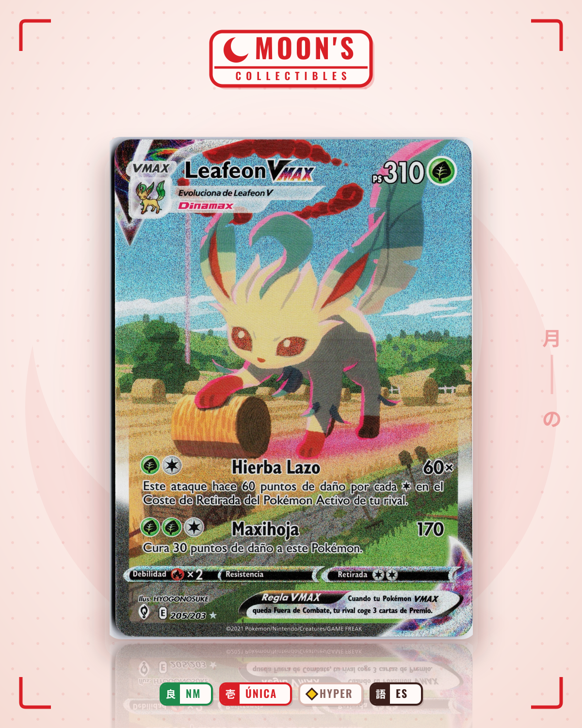 Carta Pokémon Leafeon VMAX · Evolving Skies #205/203 (NM) — pieza única en Moon's Collectibles México