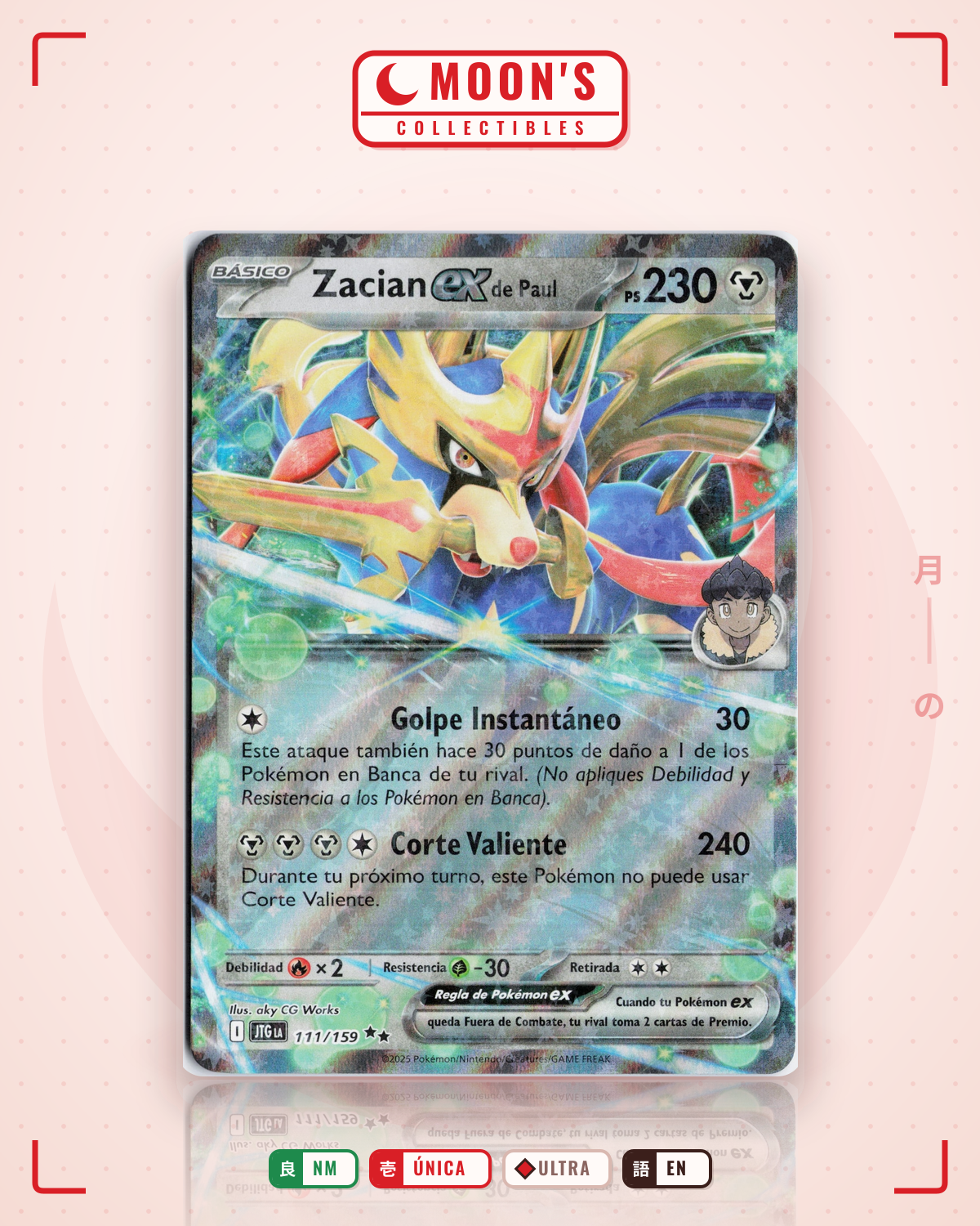 Carta Pokémon Hop's Zacian ex · Journey Together #111/159 (NM) — pieza única en Moon's Collectibles México