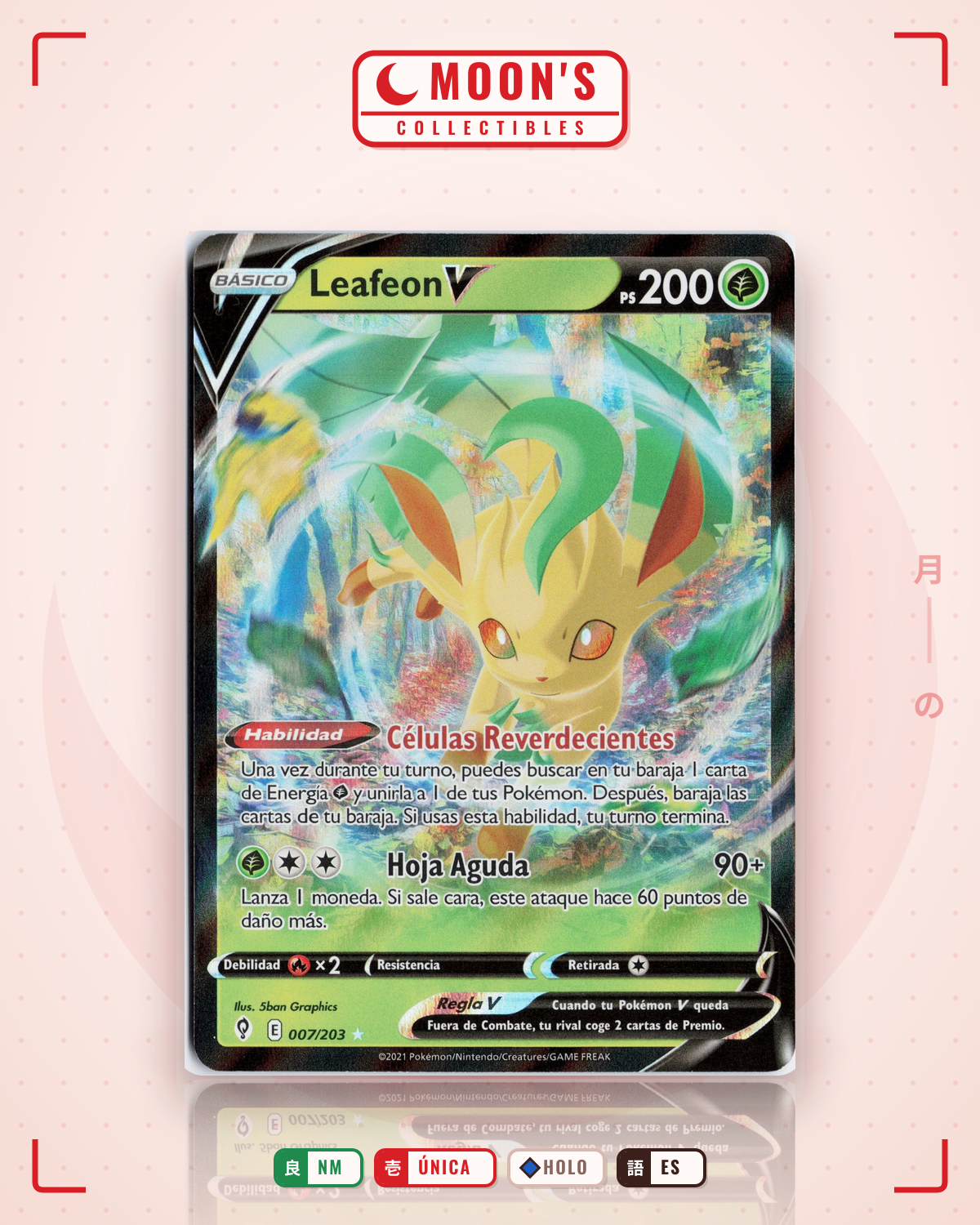 Carta Pokémon Leafeon V · Evolving Skies #007/203 (NM) — pieza única en Moon's Collectibles México