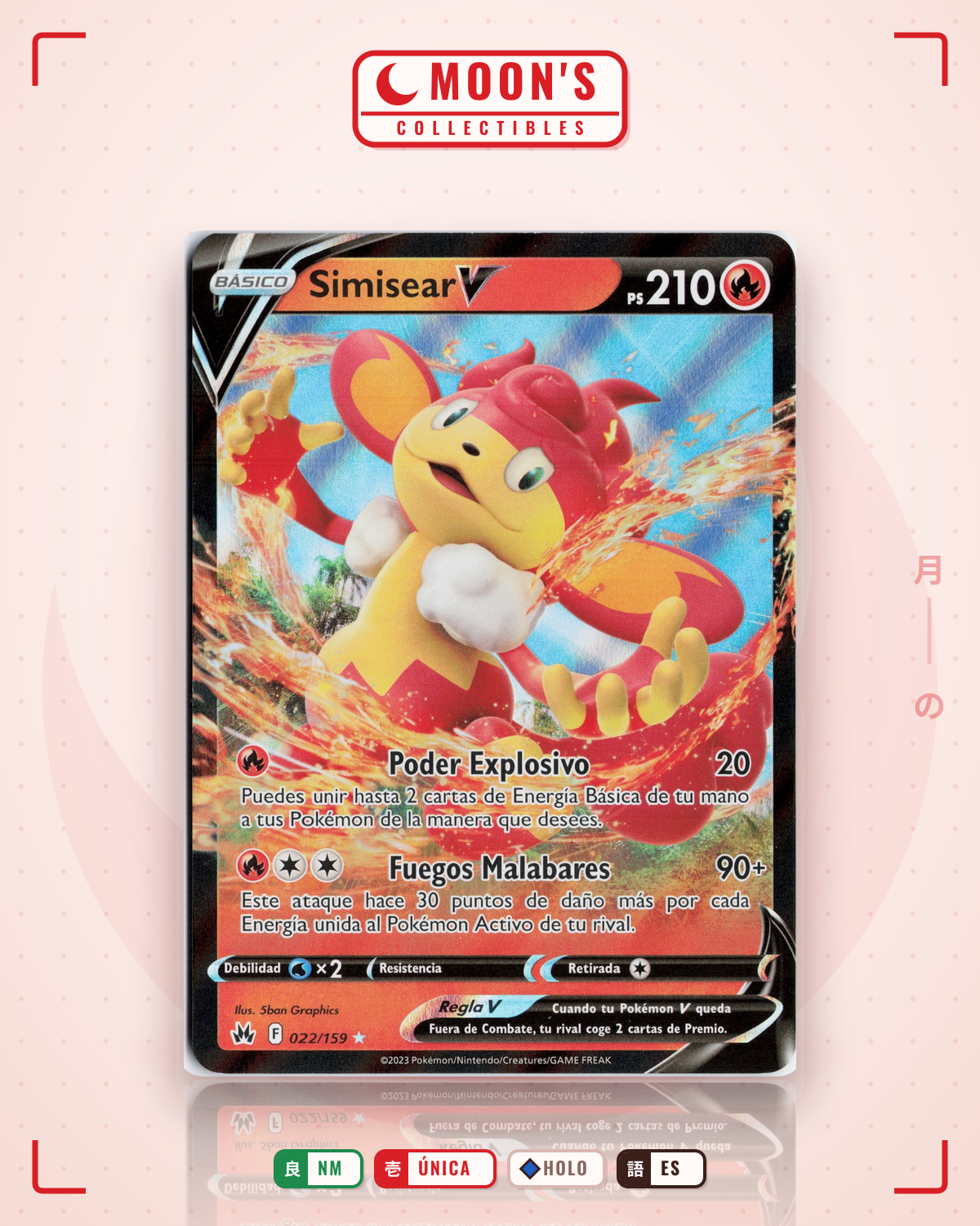 Carta Pokémon Simisear V · Crown Zenith #022/159 (NM) — pieza única en Moon's Collectibles México