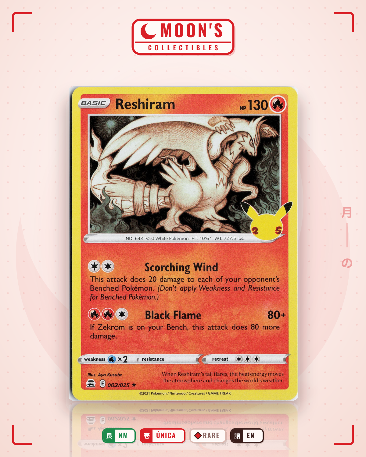 Carta Pokémon Reshiram · Celebrations #2 (NM) — pieza única en Moon's Collectibles México