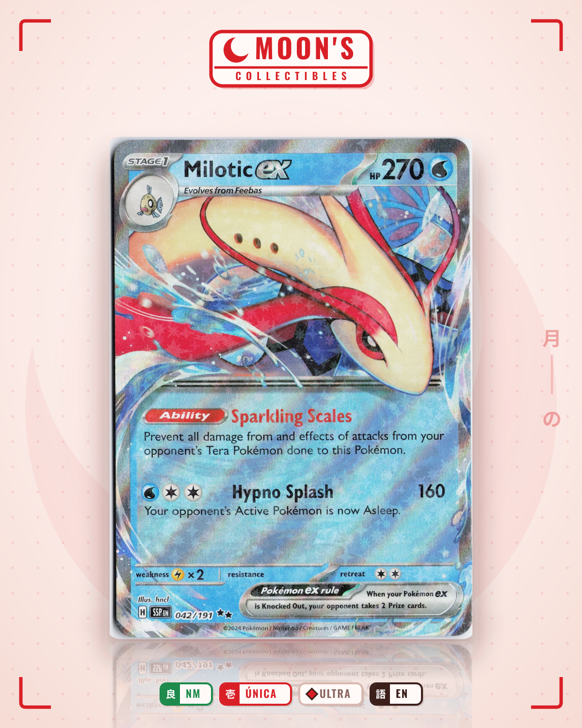Carta Pokémon Milotic ex · Surging Sparks #042/191 (NM) — pieza única en Moon's Collectibles México