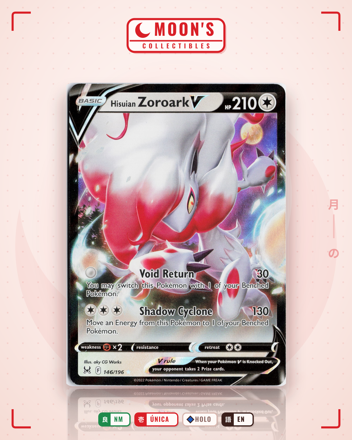 Carta Pokémon Hisuian Zoroark V · Lost Origin #146/196 (NM) — pieza única en Moon's Collectibles México