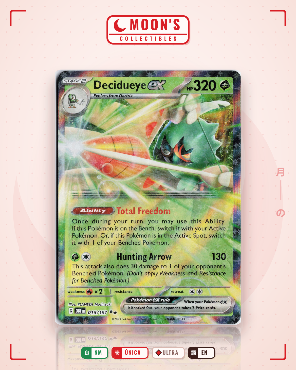 Carta Pokémon Decidueye ex · Obsidian Flames #015/197 (NM) — pieza única en Moon's Collectibles México