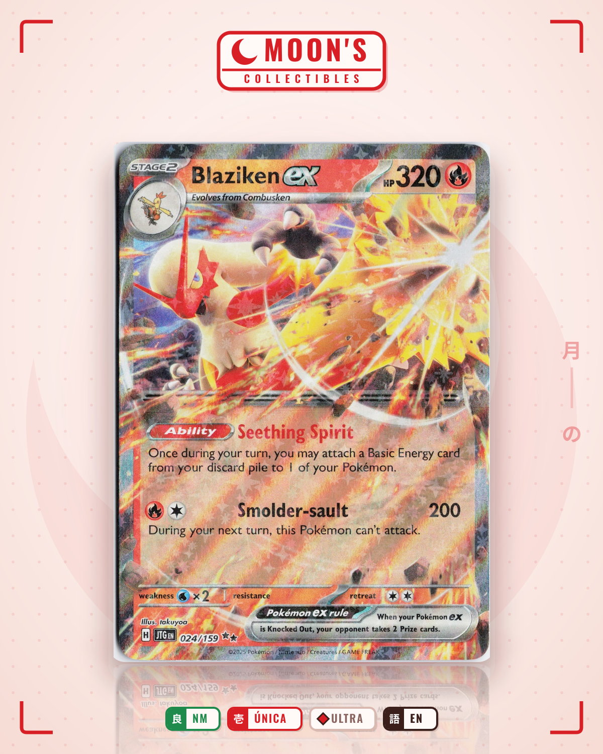 Carta Pokémon Blaziken ex · Journey Together #024/159 (NM) — pieza única en Moon's Collectibles México