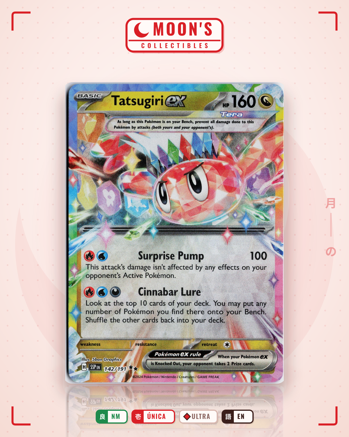 Carta Pokémon Tatsugiri ex · Surging Sparks #142/191 (NM) — pieza única en Moon's Collectibles México