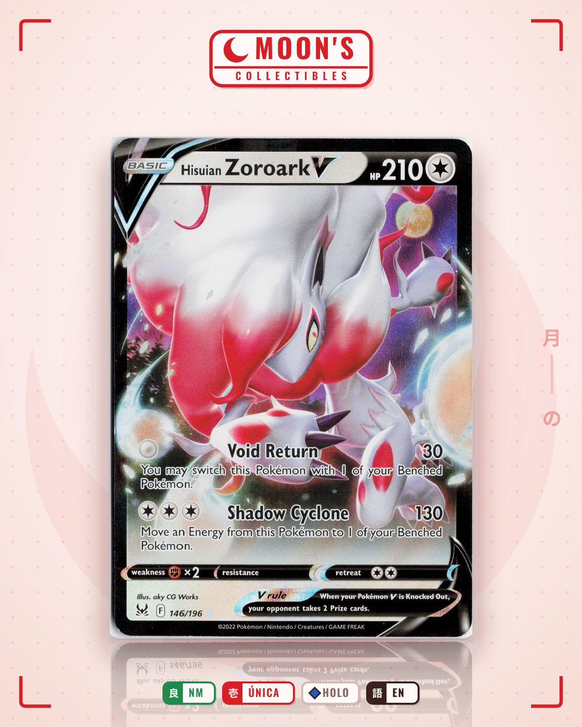 Carta Pokémon Hisuian Zoroark V · Lost Origin #146/196 (NM) — pieza única en Moon's Collectibles México