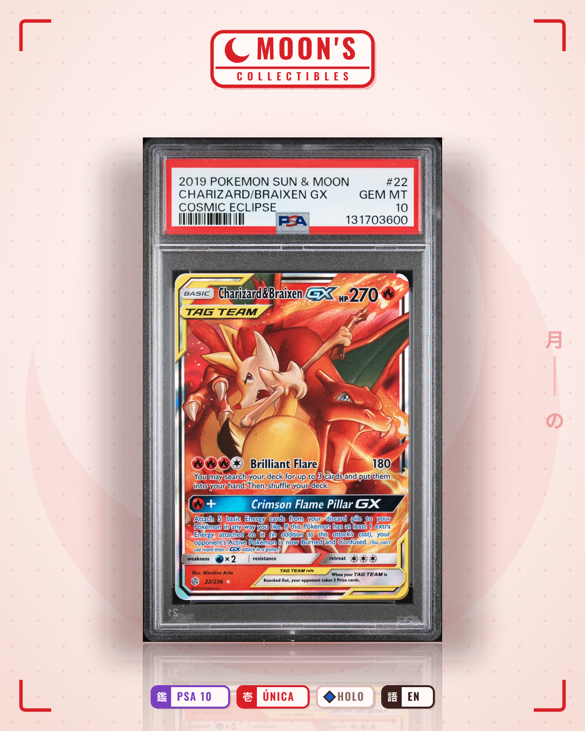 Carta Pokémon Charizard & Braixen-GX · Cosmic Eclipse #22/236 (PSA 10) — pieza única en Moon's Collectibles México