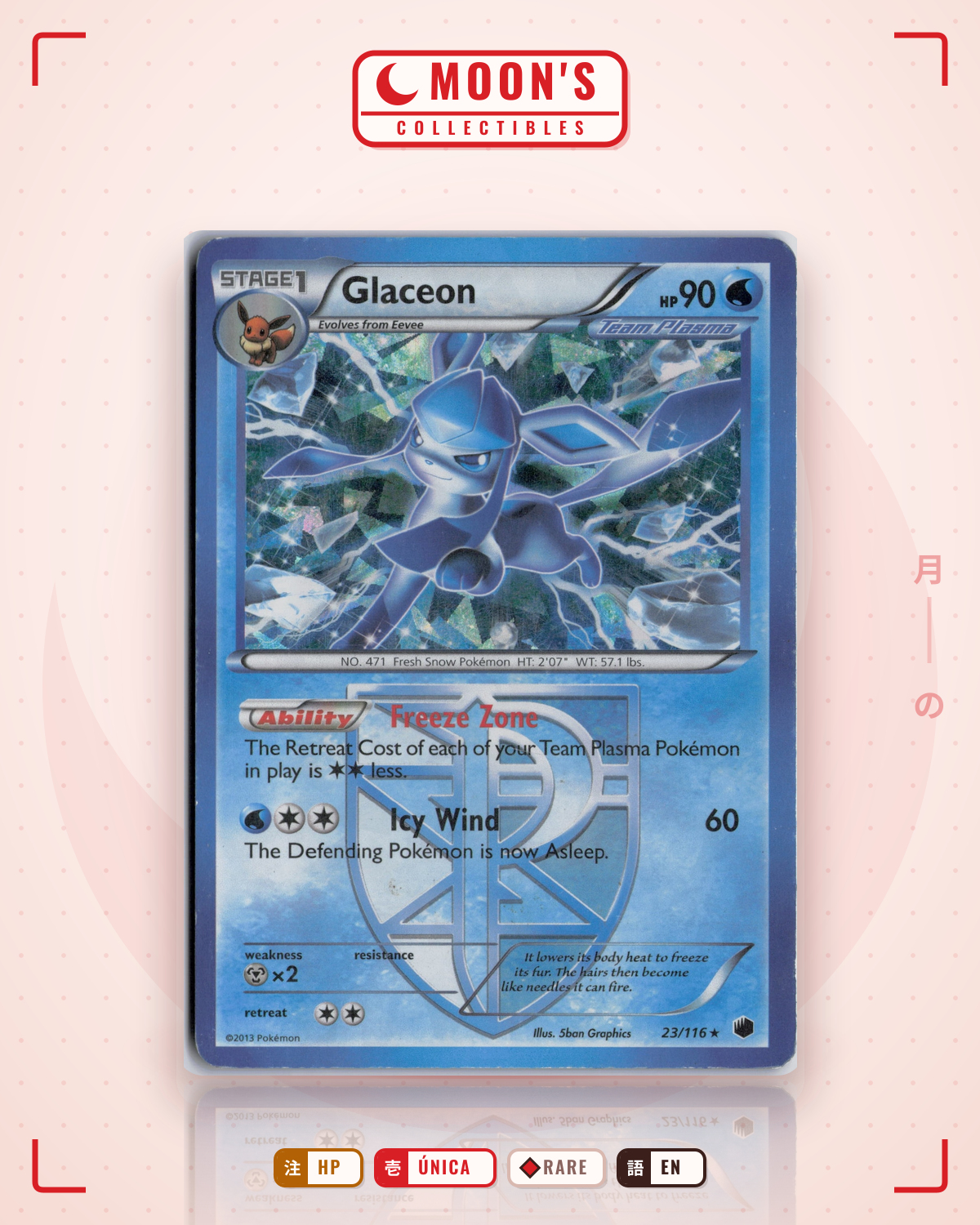 Carta Pokémon Glaceon · Plasma Freeze #23/116 (HP) — pieza única en Moon's Collectibles México