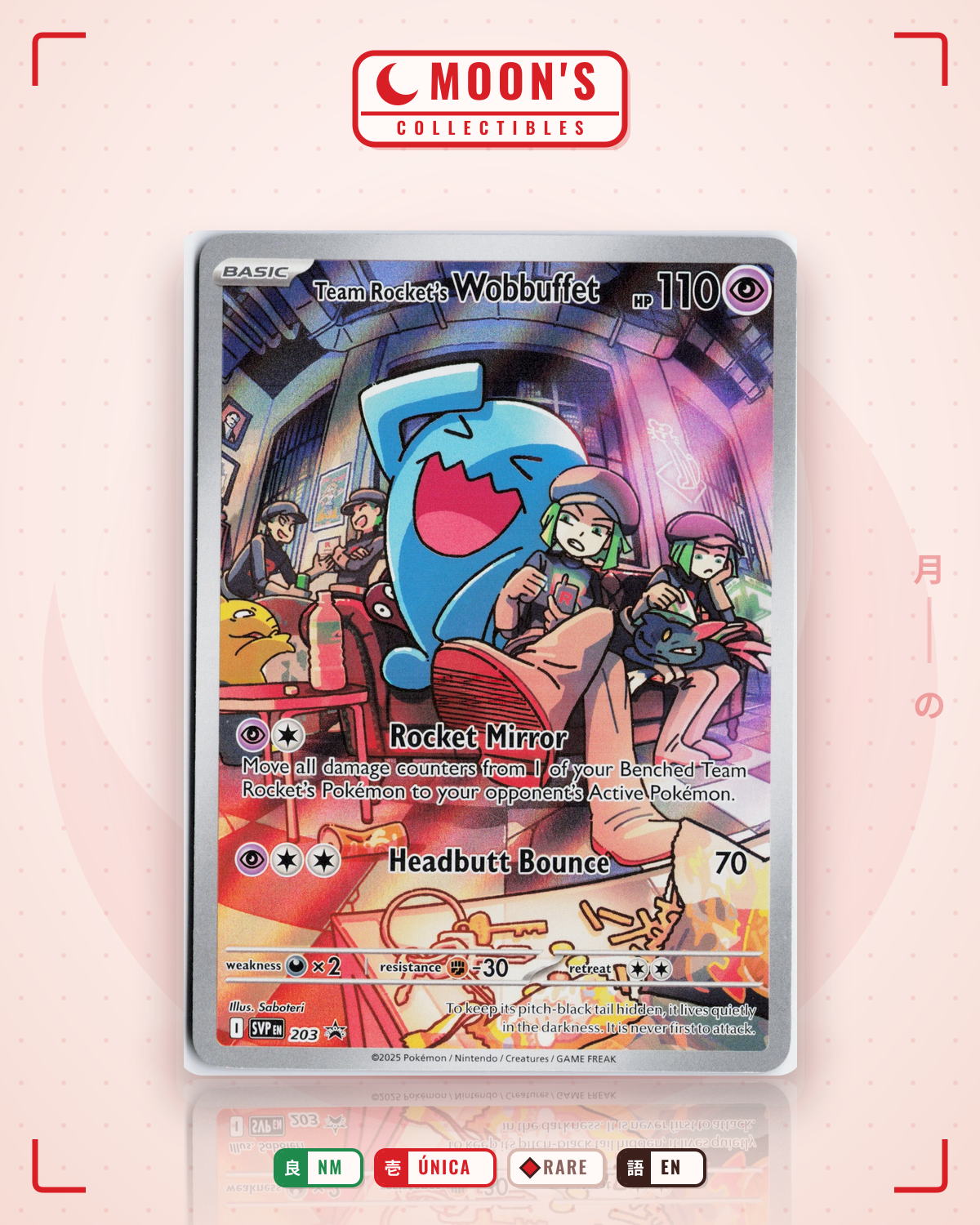 Carta Pokémon Team Rocket's Wobbuffet · Scarlet & Violet Black Star Promos #203 (NM) — pieza única en Moon's Collectibles México