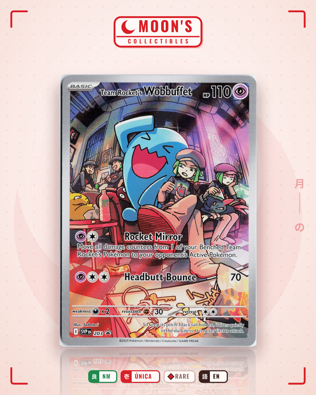 Carta Pokémon Team Rocket's Wobbuffet · Scarlet & Violet Black Star Promos #203 (NM) — pieza única en Moon's Collectibles México