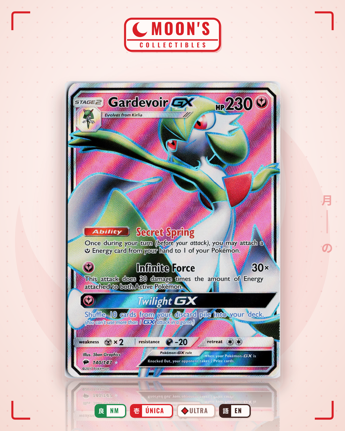 Carta Pokémon Gardevoir-GX · Burning Shadows #140/147 (NM) — pieza única en Moon's Collectibles México