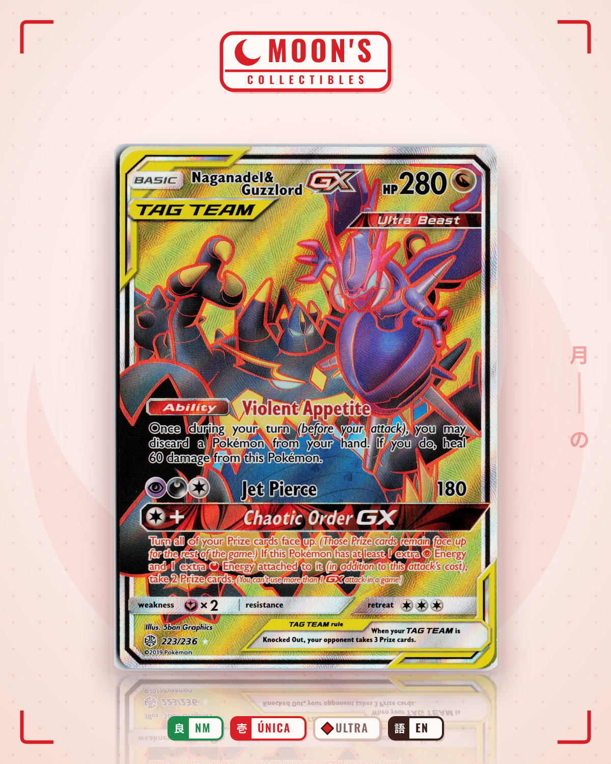 Carta Pokémon Naganadel & Guzzlord-GX · Cosmic Eclipse #223/236 (NM) — pieza única en Moon's Collectibles México