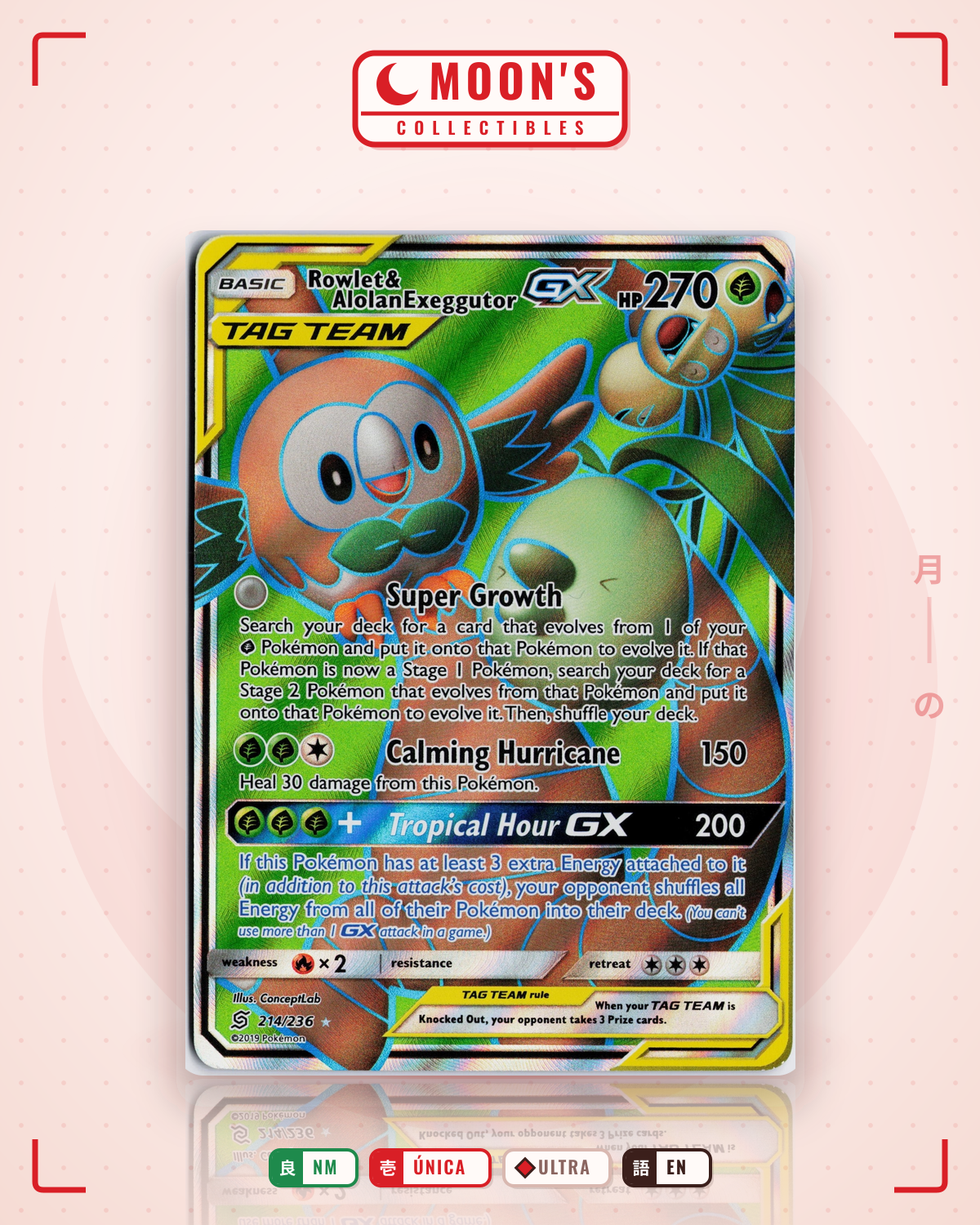 Carta Pokémon Rowlet & Alolan Exeggutor-GX · Unified Minds #214/236 (NM) — pieza única en Moon's Collectibles México
