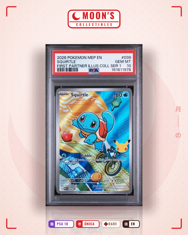 Carta Pokémon Squirtle · Mega Evolution Black Star Promos #039 (PSA 10) — pieza única en Moon's Collectibles México