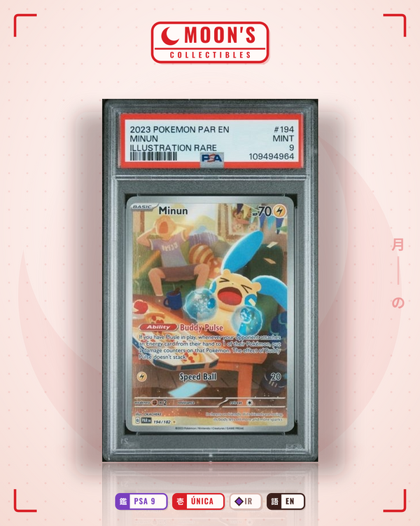Carta Pokémon Minun · Paradox Rift #194/182 (PSA 9) — pieza única en Moon's Collectibles México