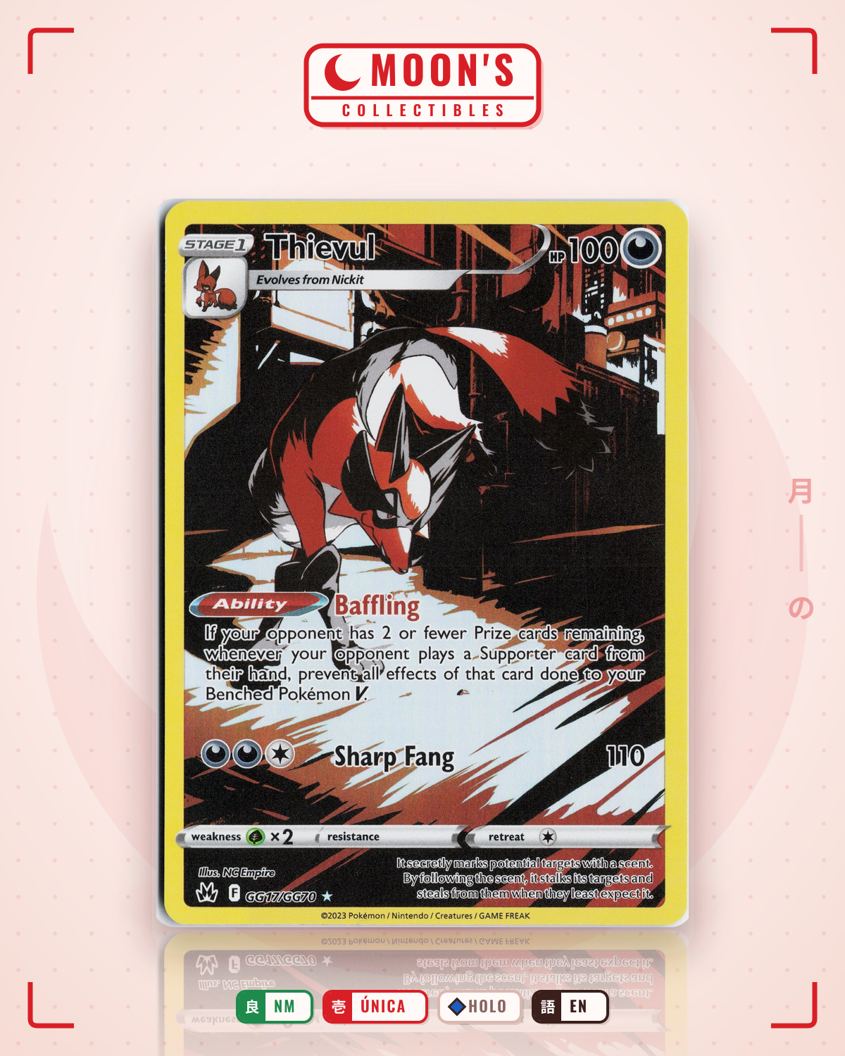 Carta Pokémon Thievul · Crown Zenith Galarian Gallery #GG17/GG70 (NM) — pieza única en Moon's Collectibles México