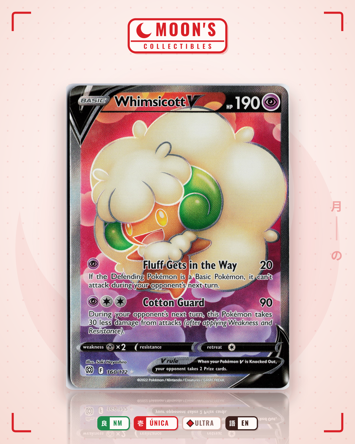 Carta Pokémon Whimsicott V · Brilliant Stars #160/172 (NM) — pieza única en Moon's Collectibles México