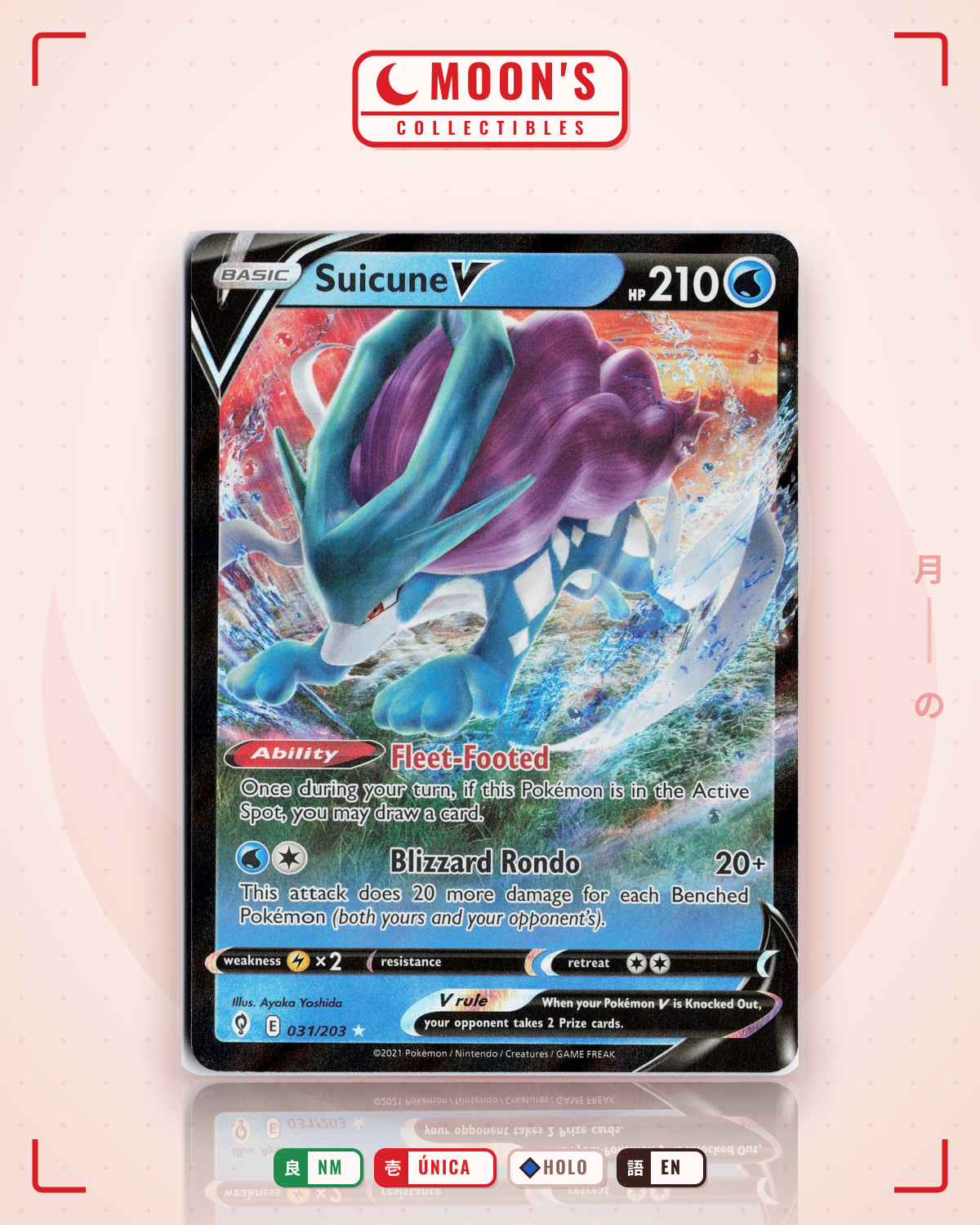 Carta Pokémon Suicune V · Evolving Skies #031/203 (NM) — pieza única en Moon's Collectibles México