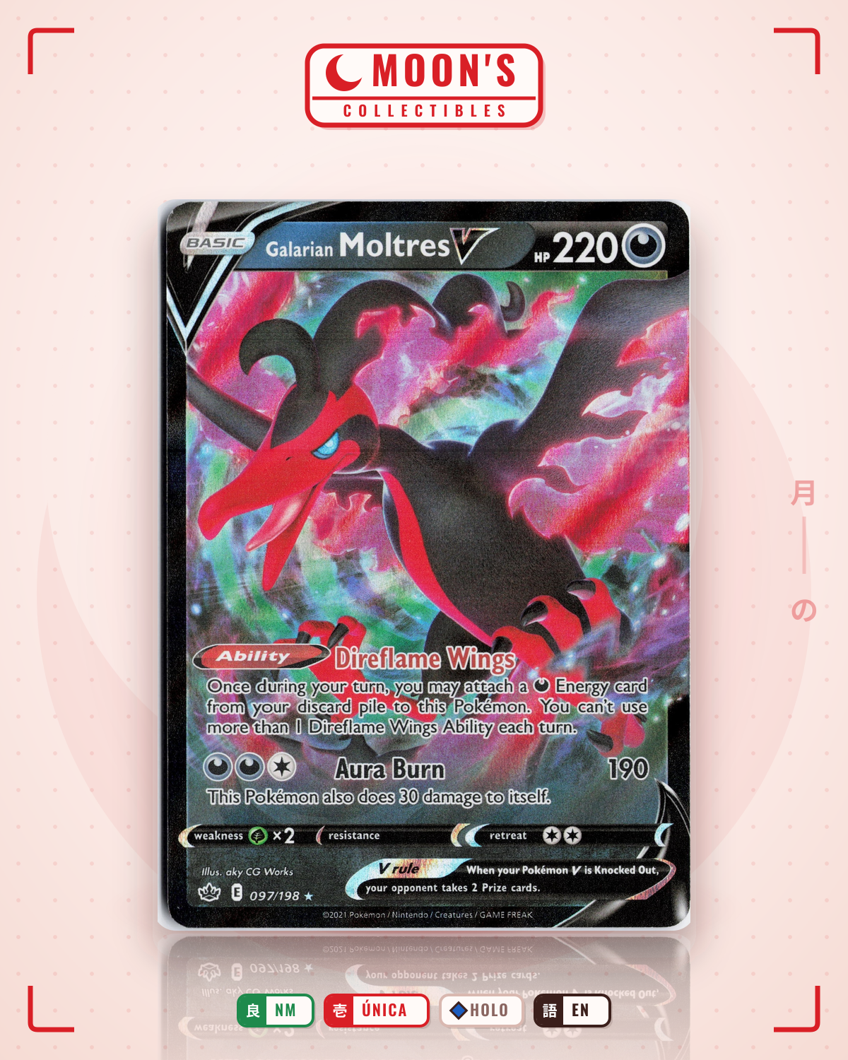 Carta Pokémon Galarian Moltres V · Chilling Reign #097/198 (NM) — pieza única en Moon's Collectibles México