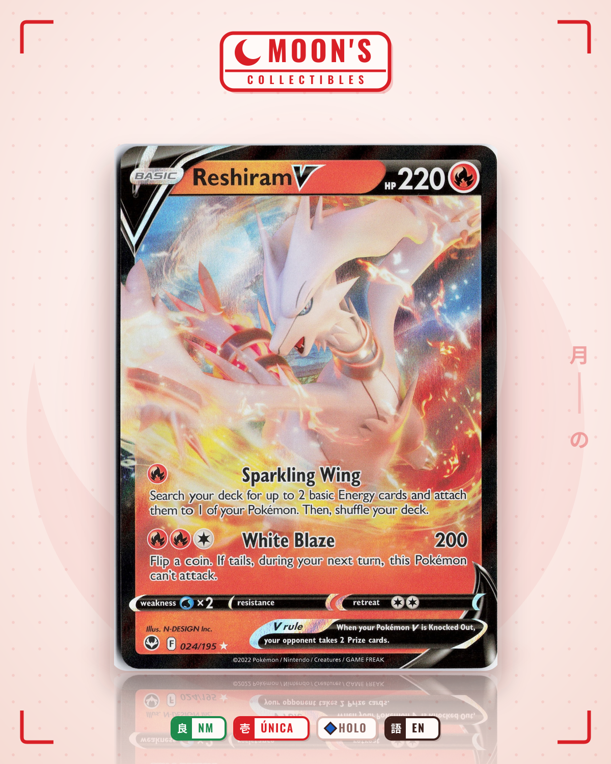 Carta Pokémon Reshiram V · Silver Tempest #024/195 (NM) — pieza única en Moon's Collectibles México