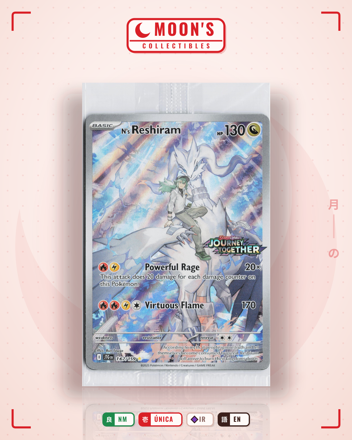 Carta Pokémon N's Reshiram · Journey Together #167/159 (NM) — pieza única en Moon's Collectibles México