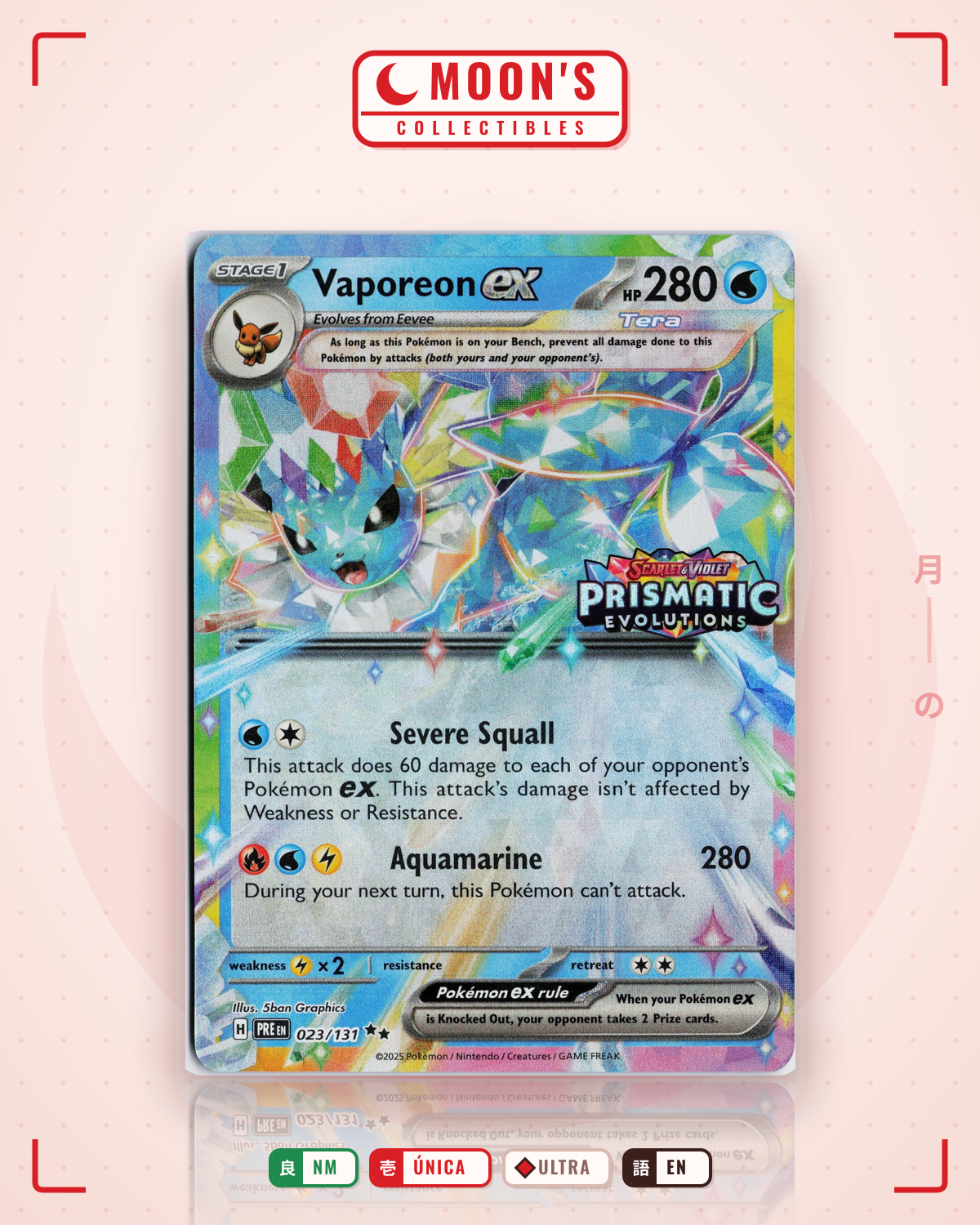 Carta Pokémon Vaporeon ex · Prismatic Evolutions #023/131 (NM) — pieza única en Moon's Collectibles México