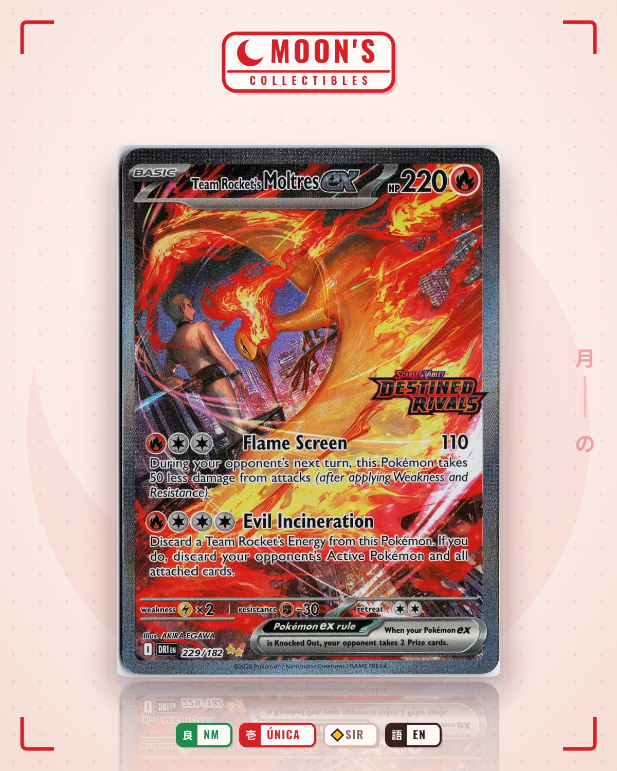 Carta Pokémon Team Rocket's Moltres ex · Destined Rivals #229/182 (NM) — pieza única en Moon's Collectibles México